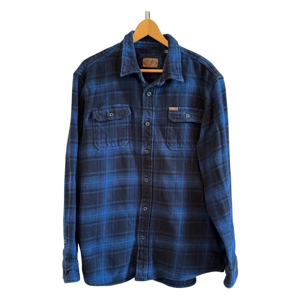Orvis Mens XL Blue Black Plaid Flannel Shirt Jacket Heavyweight Cotton Shacket